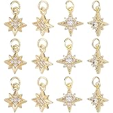 DICOSMETIC 12Pcs 2 Styles Rhinestone Star Charm Cubic Zirconia North Star Charm Brass Celestial Charms Bulk Real 18K Gold Plated 8 Point Stars Charms for Necklace Bracelet Earring Jewelry Making