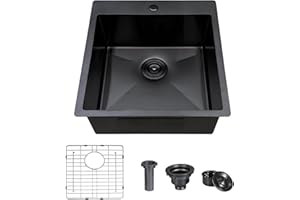 Comllen 18x18 Inch Drop in Black Bar Sink,Top Mount Handmade 16 Gauge Stainless Steel Small Black Kitchen Sink,9 Inch Deep Single Bowl Wet Bar Sink with Stainless Steel Grid & Strainer