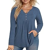 VISLILY Womens-Plus-Size-Dressy-Tops Cute V Neck Henley Shirts Flowy Pleated Long Sleeve Tunic Fall Casual Buttons Up Blouses