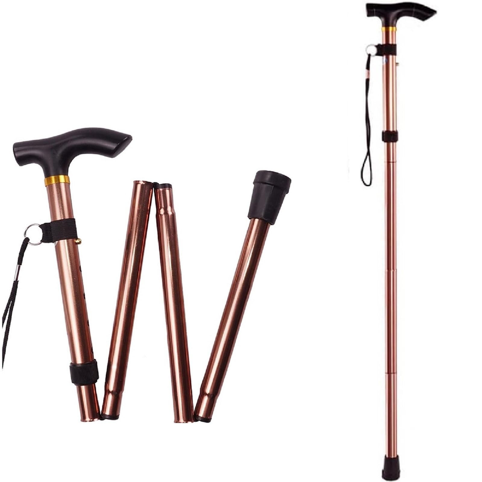 Kiuiom Coffee Walking Stick, Folding Aluminium, Portable Hiking Stick, 4 Sections, Ergonomic Handle, T-bar, Non-slip Rubber Base, Best for Mountaineering, Hiking, Backpacking, Elderly