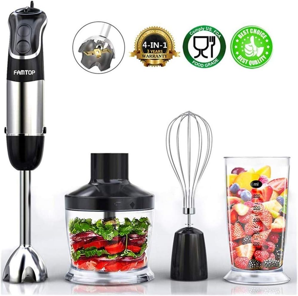 Immersion Blender, FAMTOP hand Blender 600W, 4 in 1 Multifunction Blender Hand Blender with 12 Speeds and TURBO, Ergonomic Stainless Steel Blender Kitchen, Electric Whisk- Black