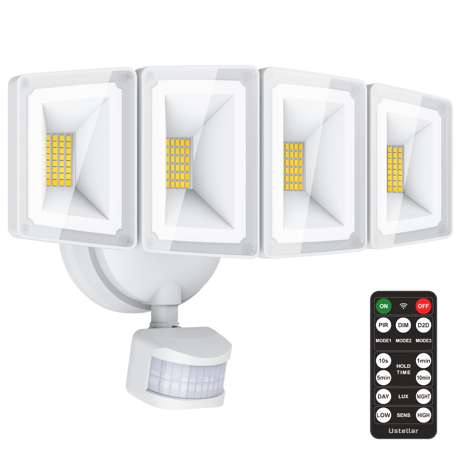 Photo 1 of USTELLAR 100W 10000LM LED Security Lights Motion Sensor Outdoor, Remote Control 4 Heads LED Flood Light Outdoor, 5000K Daylight, IP65 Waterproof, Bright Motion Detected Lights for Outside Yard