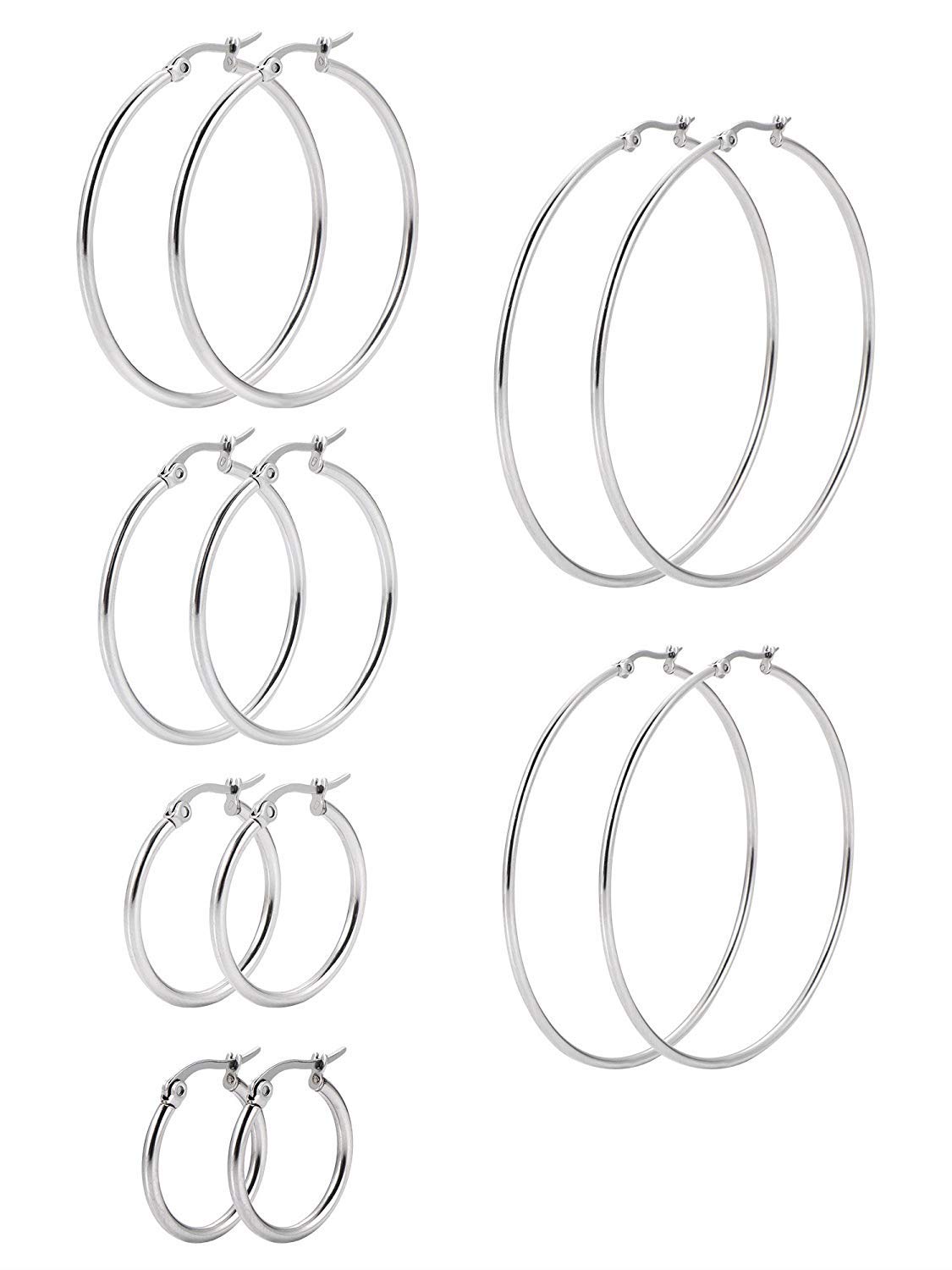 SNAGAROG 6 Pair Silver Hoop Earring Set Stainless Steel Large Hoop Earrings Set Hypoallergenic Earring Hooped Earrings for Women Girls (15/20/30/40/50/60mm)