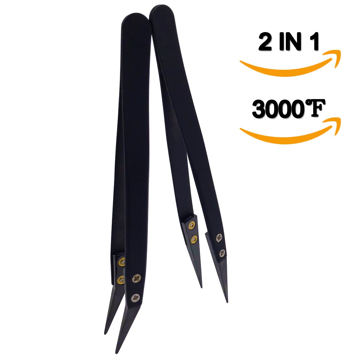 Black Ceramic Tweezers Set, Non-Conductive, Anti-Magnetic, Anti-Acid, Suitable for Acid Occasions, SMD & Solder & Precision Machinery & High-Temp Operations (2 in 1)