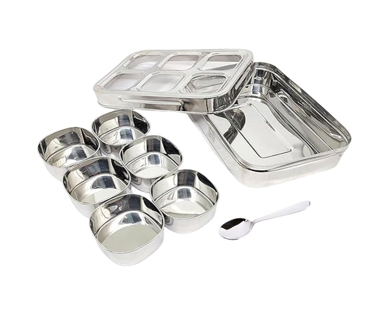 Satre Online and Marketing Stainless Steel 6 Container Spice Box with See Through Lid, Stainless Steel Spice Box with Spoon, 6 Detattachable Spice Containers with 1 Spoon, Masala Box
