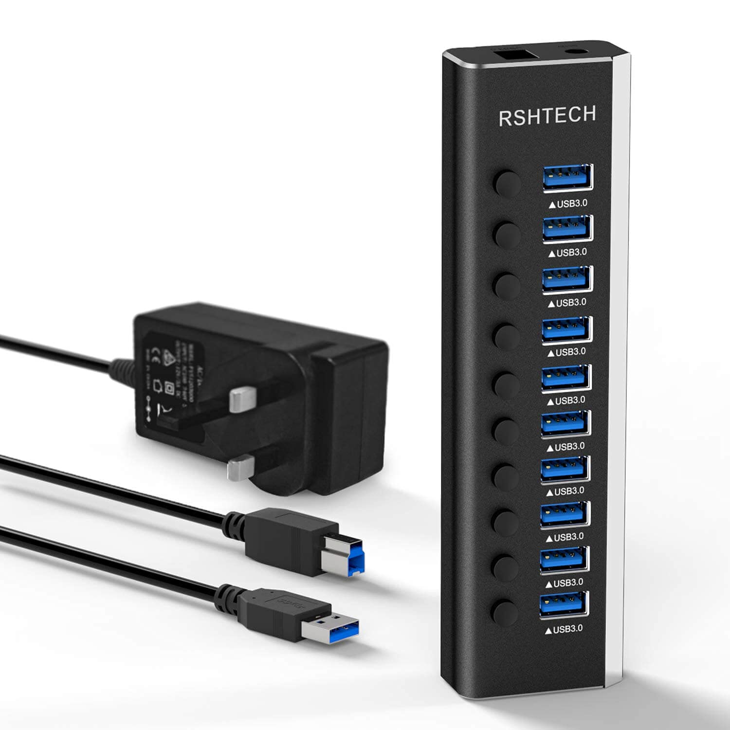 RSHTECH Powered USB 3.0 Hub Aluminum 10 Port USB 3.0 Data Hub with 12V/3A (36W) Power Adapter and Individual On/Off Switches & LED (RSH-A10) — image 1