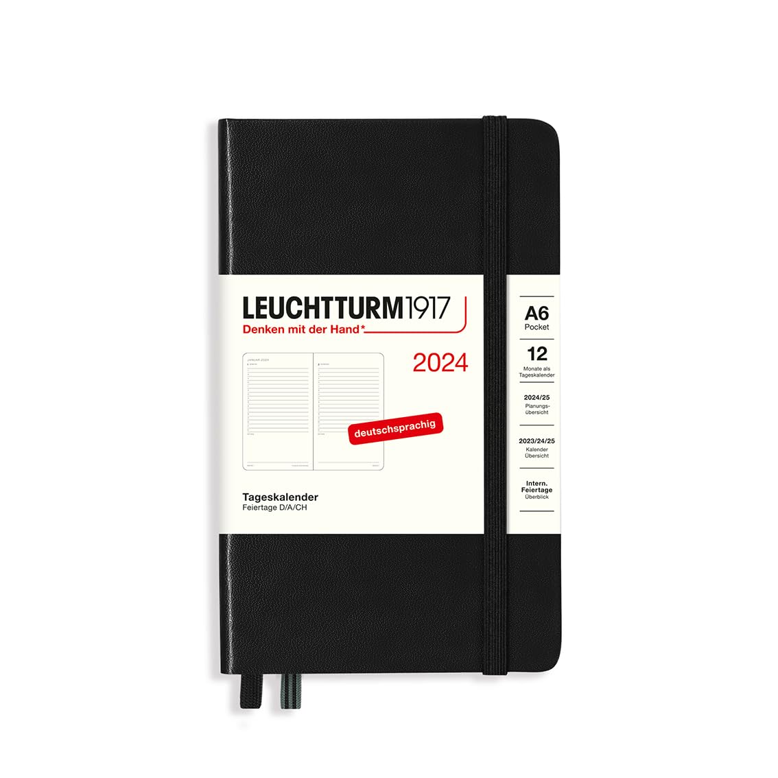 LEUCHTTURM1917 367592 Daily Calendar Pocket (A6) 2024, Black, German, 12 Months