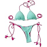WDIRARA Women's Halter String Bikini Set Ruched 2 Piece Swimsuit Contrast Trim Thong Bathing Suit