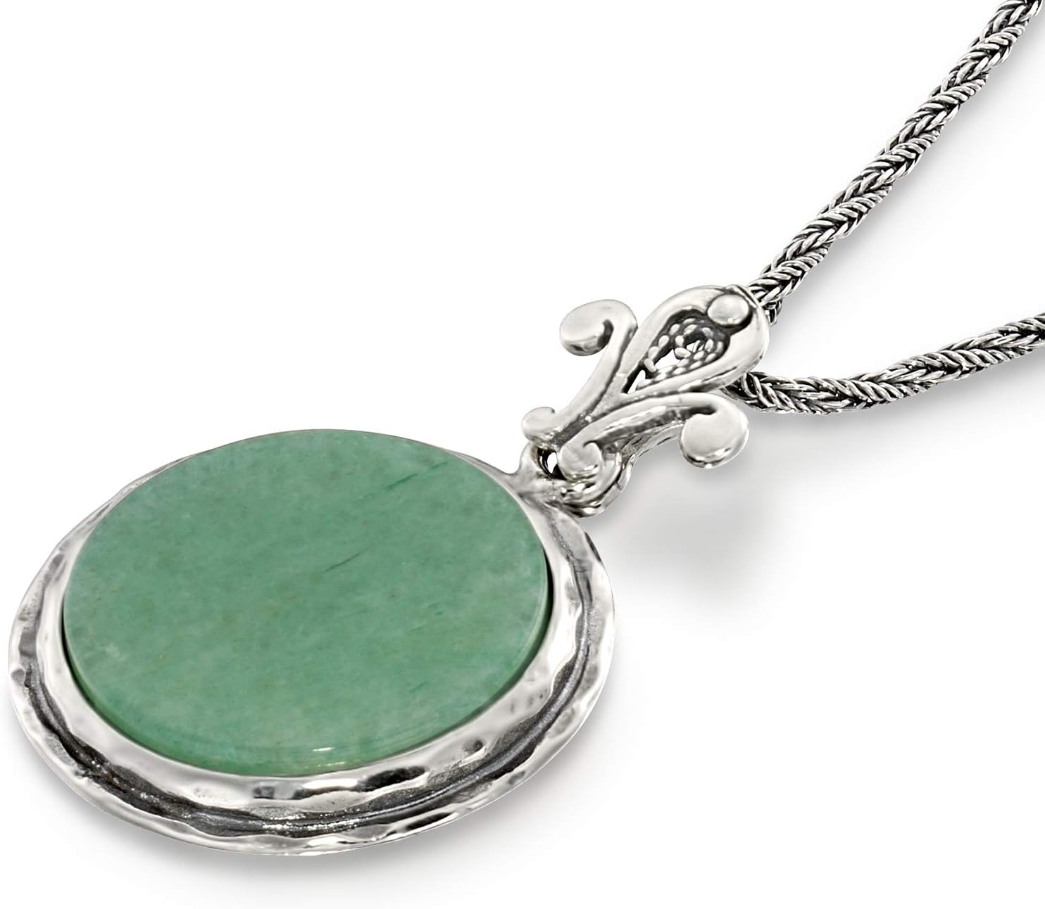 Stera Jewelry Black Onyx or Green Aventurine Retro Round Pendant Sterling Silver Necklace, 20 Inches