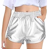 Haloumoning Girls Metallic Shorts Sparkly Dance Outfits Elastic Drawstring Shiny Hot Short Pants 5-14 Years