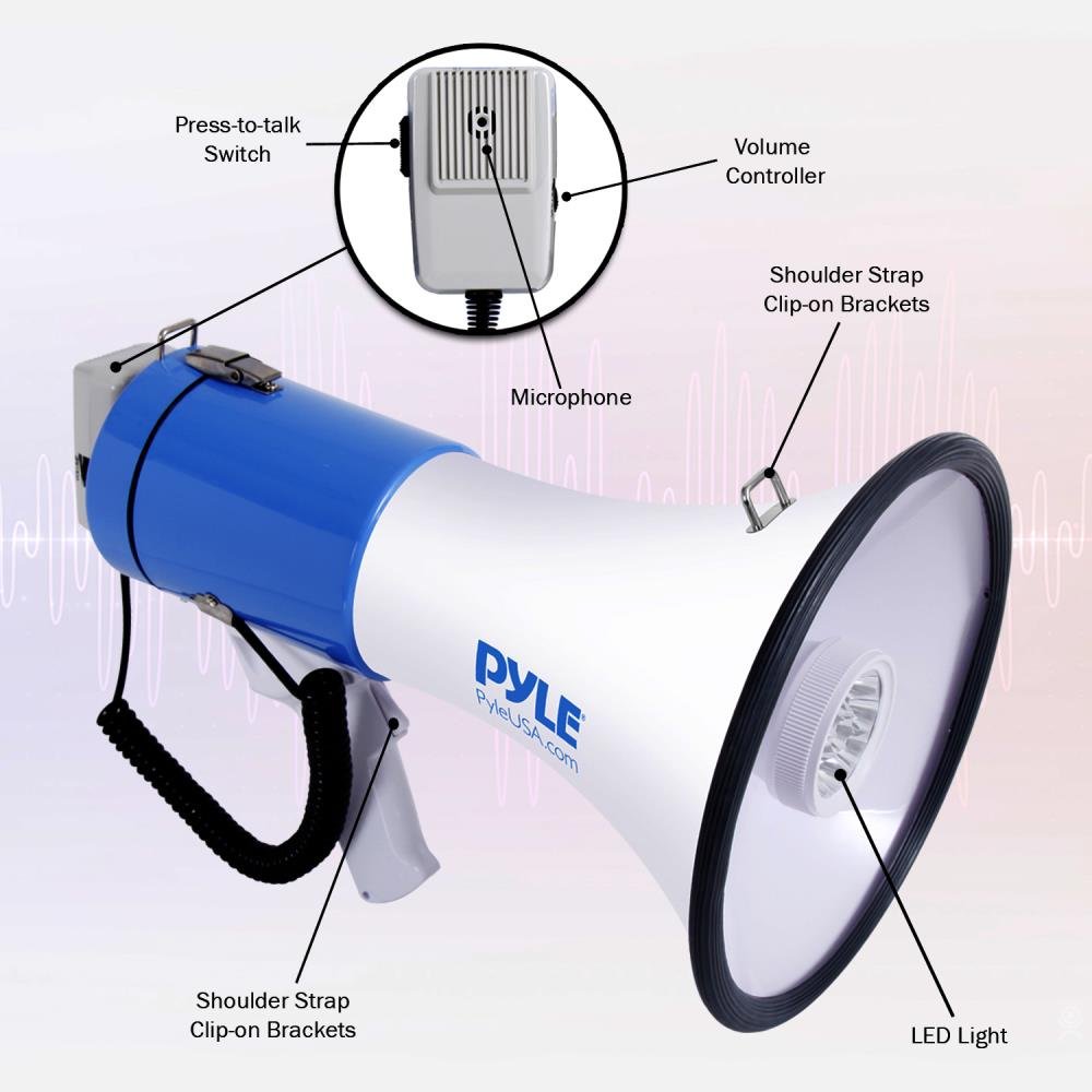 Pyle Portable Compact PA Megaphone Speaker w/ LED Flashlight, Alarm Siren, Adjustable Volume, 50W Handheld Lightweight Bullhorn w/ Detachable Mic, Battery Powered, for Indoor Outdoor-PMP51LT
