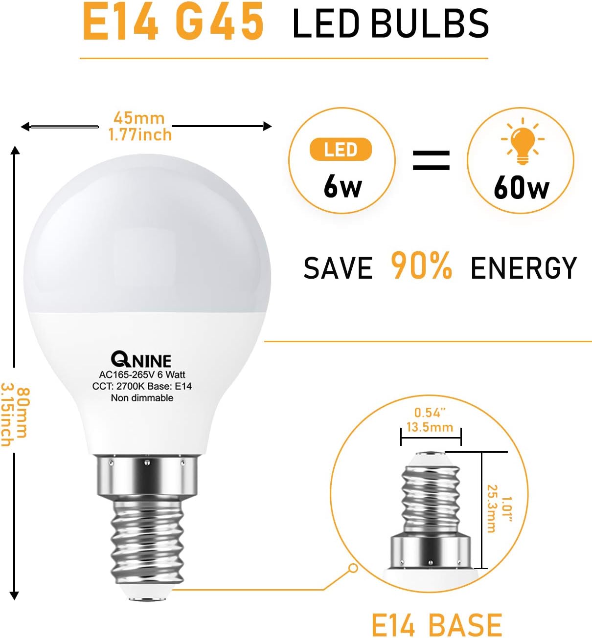 QNINE LED Light Bulb E14, 6W (60W Equivalent), 540lm Golf Ball Bulb, Small Edison Screw Bulb, 2700K Warm White, Non Dimmable, 8 Pack - Image 4