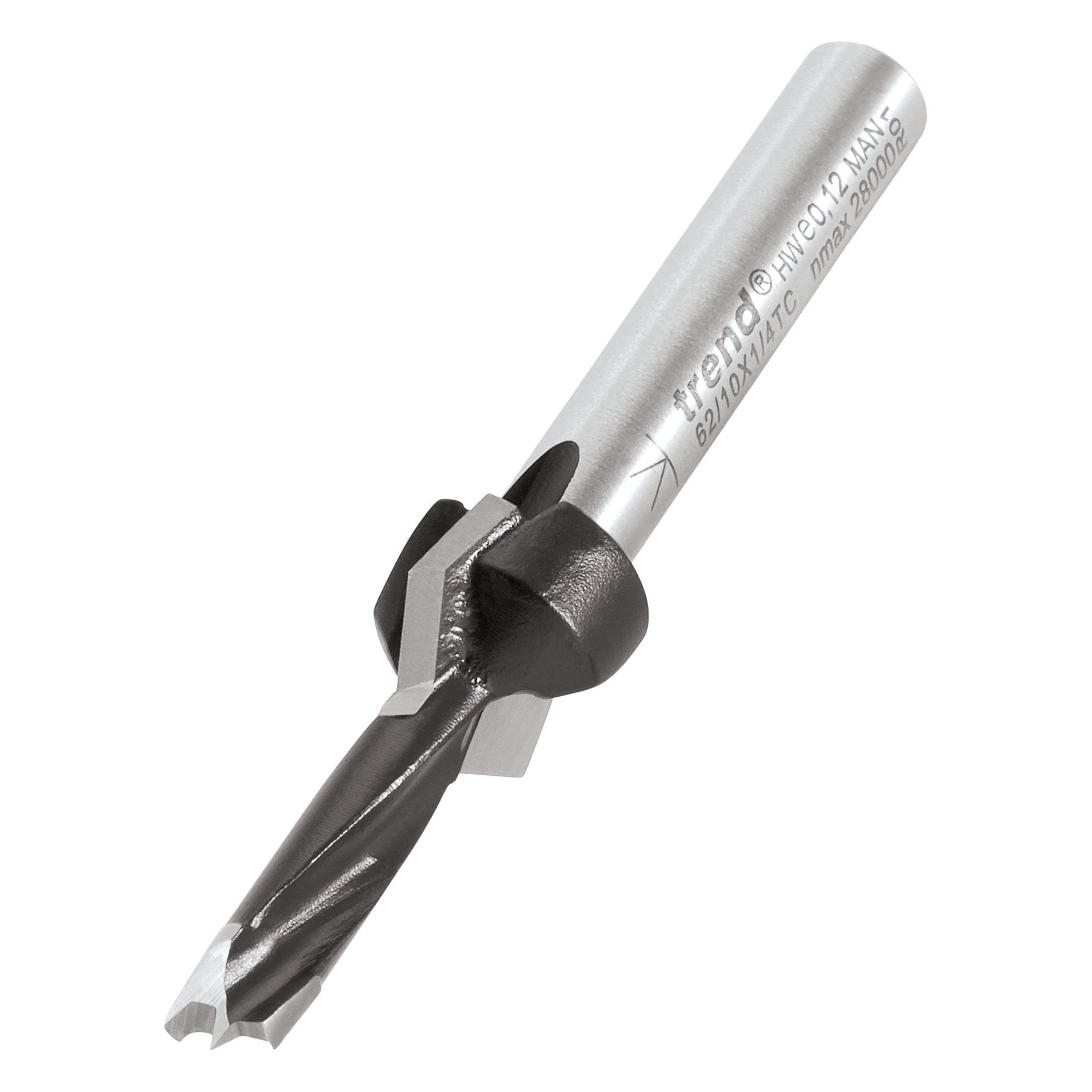 Trend Professional Drill Countersink Counterbore Router Cutter, 1/4 Inch Shank, 12mm Cut Diameter & 20mm Cut Length, Tungsten Carbide Tipped, 62/10X1/4TC