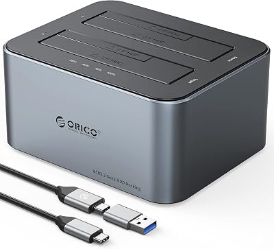 ORICO Dual Bay HDD Docking Station USB C 3.2 Gen 2 SATA Clone 36TB SSD HDD Gray