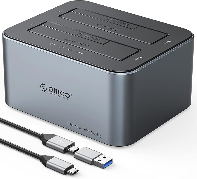 ORICO Dual Bay HDD Docking Station USB C 3.2 Gen 2 SATA Clone 36TB SSD HDD Gray