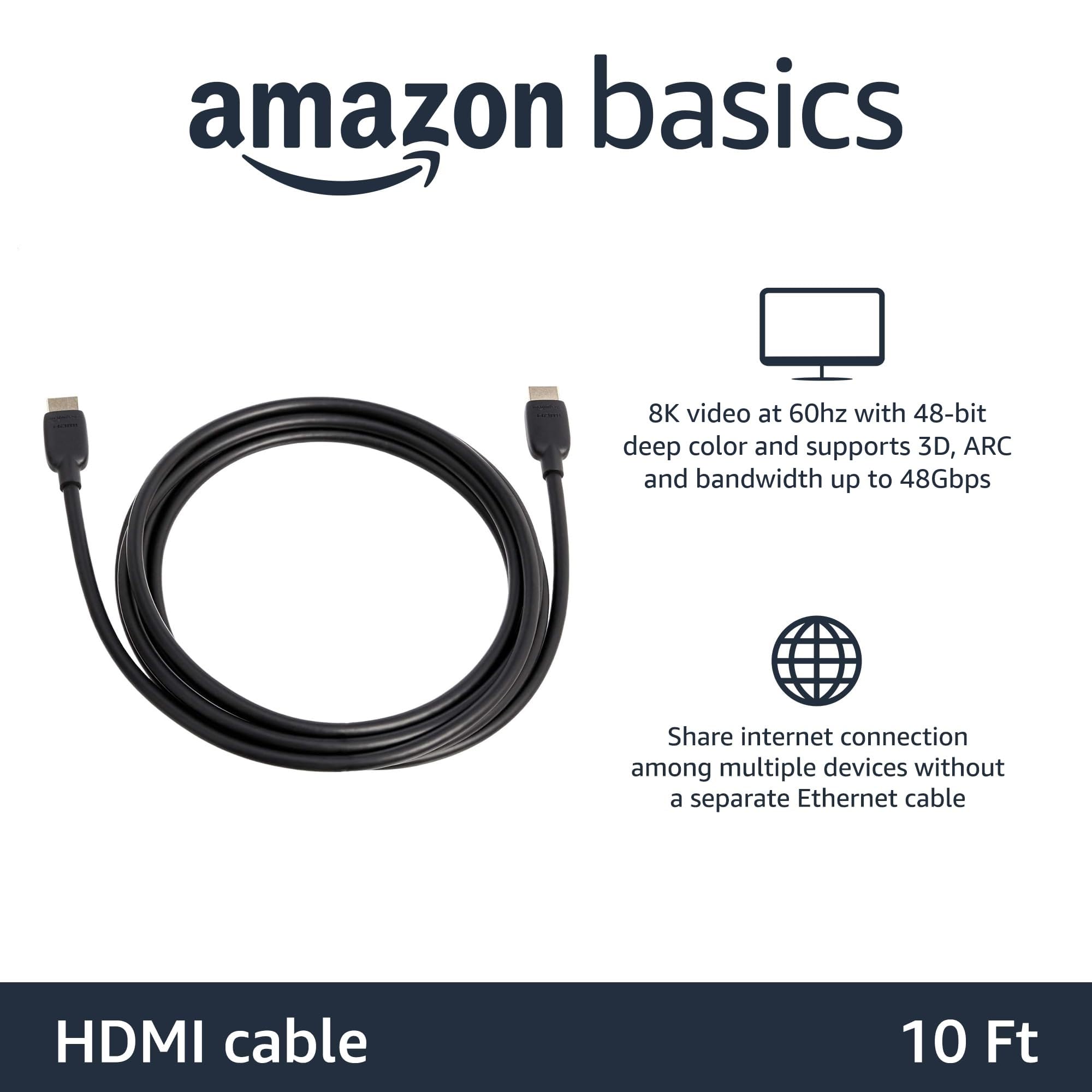 Amazon Basics HDMI Cable, 10 feet, HDMI 2.1 to HDMI Cable (48Gbps), 8K@60Hz 4K@120Hz Certified Ultra High Speed, Black, Compatible with PS5/Xbox/TV/Monitor