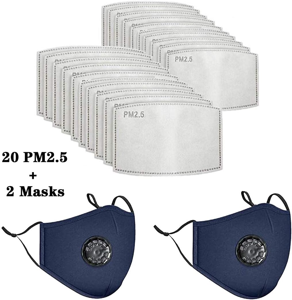 2 Masks with 20 pcs Filter Paper - Protection Mouth mask - Sealed Bag -Protective Face Mask Dust Filter Mouth Cover(Navy)