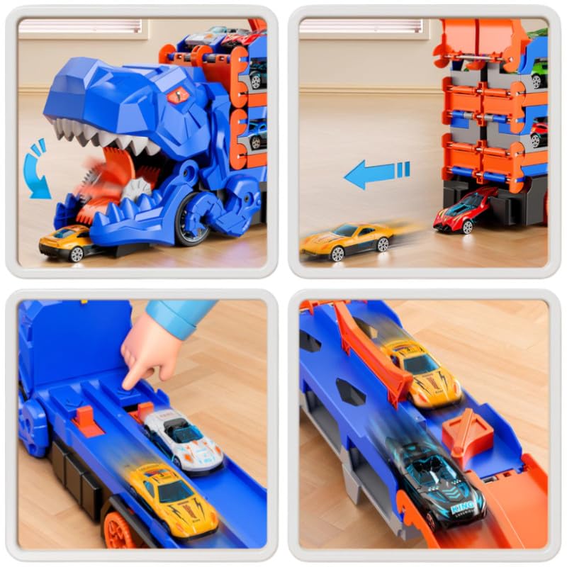 Caminhão Dinossauro 3 em 1 com Pista Dupla Dinossauro Brinquedo que Engole Carrinhos e Vira Pista de Corrida, Acompanha 4 Carrinhos de Metal, Ideal para Aniversário, Natal e Dia das Crianças