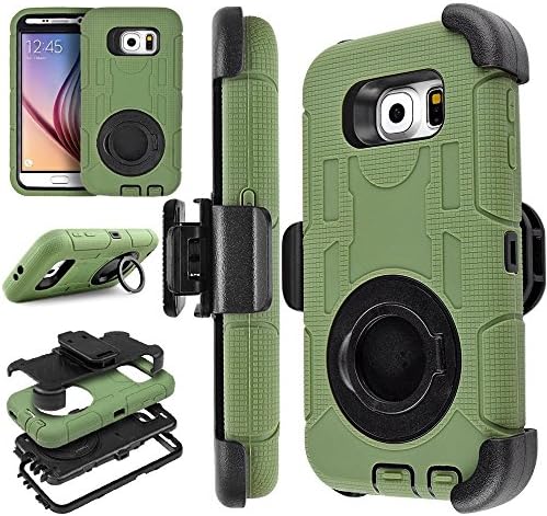 BEEK Galaxy S6 Edge Case Heavy Duty Hybird Rugged for Samsung Galaxy S6 Cover with Built-in Rotating Stand and Belt Swivel Clip(black) (Army Green)