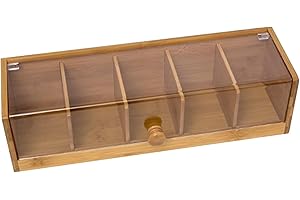 Tea Organiser, Tea Selection Box, Bamboo Box Organiser with 5 Compartments, Dustproof Leakproof Caddy with Transparent Lid, B