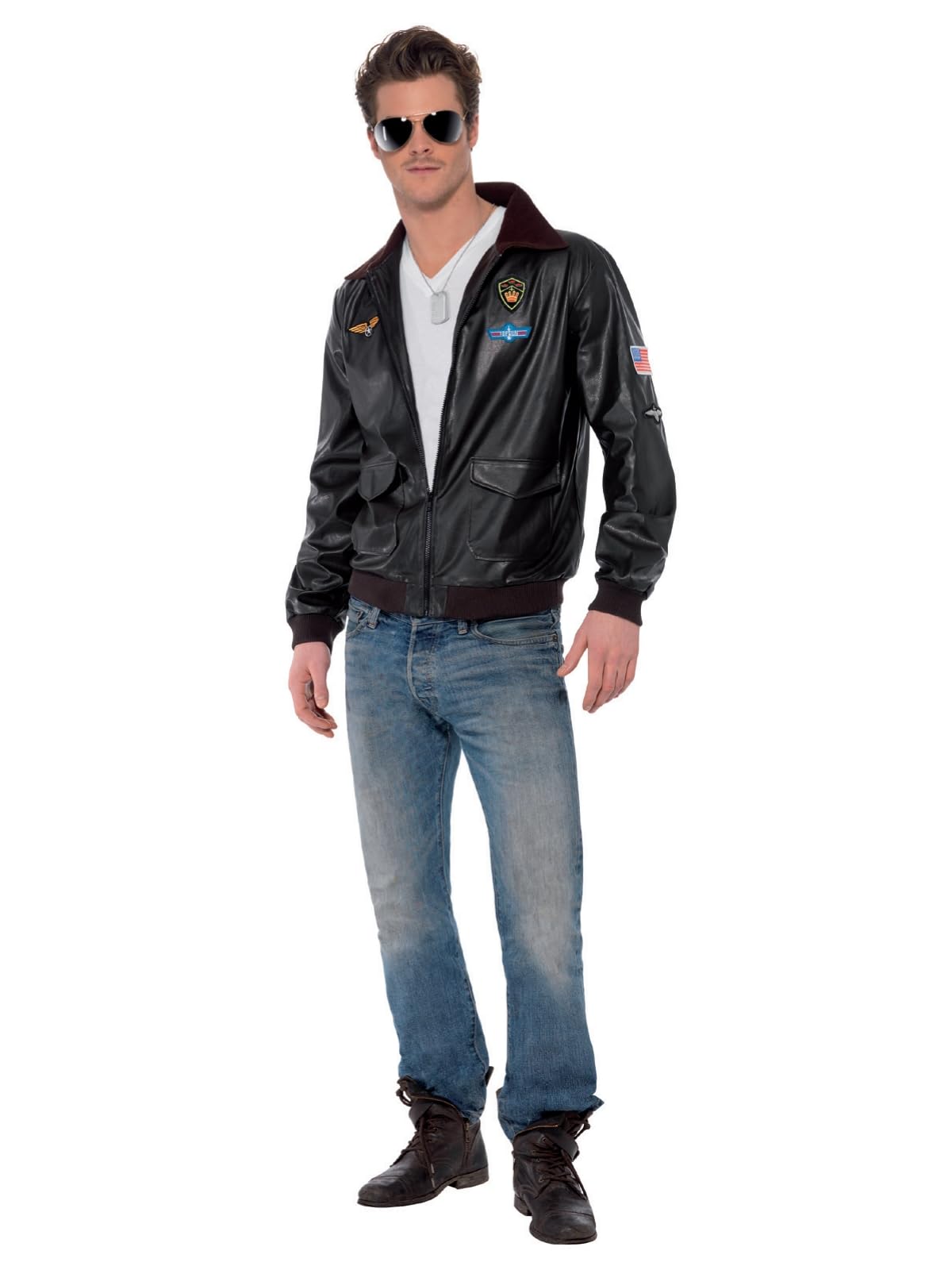 Smiffys Top Gun Bomber Jacket, Adults Brown Leather Look Maverick Jacket, Official Top Gun License Costume with Aviation Badges, Pocket Detail & Faux Leather, Halloween Costume, Small