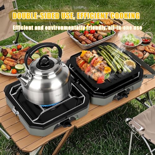 2 Burner Propane Camping Stove with Grill, 14000 BTU Portable Foldable Camp Stove with Steel Braided Hose and Carrying Bag, Adjustable Burners, Suitable for Backyard BBQs Camping and Outdoor Cooking