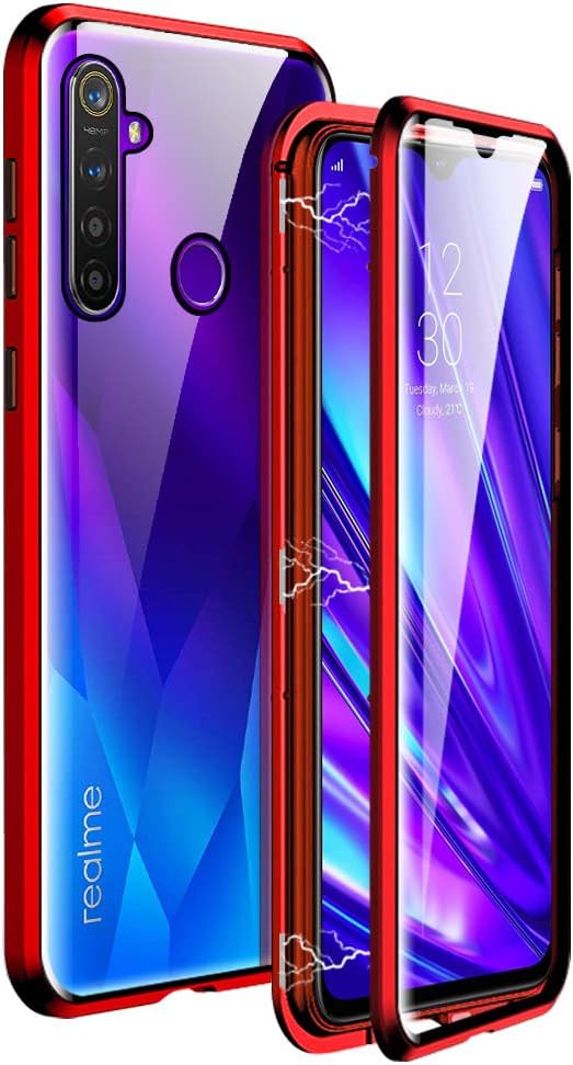 IGUCAC Case for Realme 5 Pro Case,2 in 1 Magnetic Adsorption Cover with Front/Back Tempered Glass and 360 Degree Full Coverage Anti-Scratch Metal Protection for Realme 5 Pro,Red