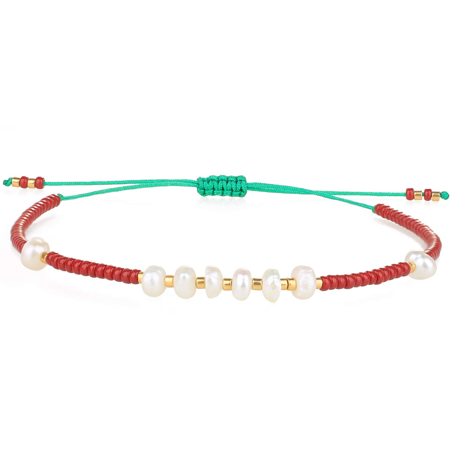 KELITCH Miyuki Beaded Bracelets Natural Stone Pearl Strands Bracelets Adjustable Rope Jewelry (Red 22F)