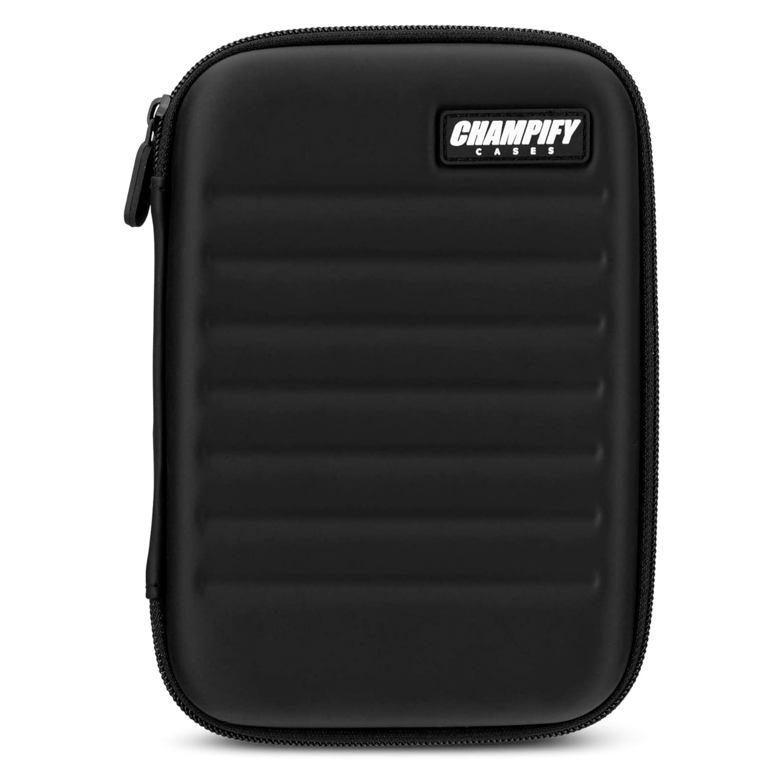 Champify Dart Case with Holding System, Hard Case for Protection, 6 Steel or Soft Darts, Many Pockets for Dart Flights and Accessories, Black