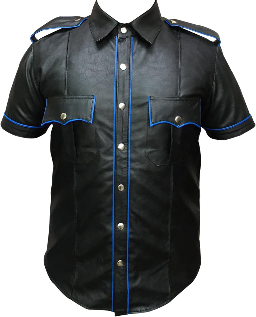 PU Leather Men's Police Style Collar T Shirt with Blue Piping On Shoulders, Cuffs, Pockets