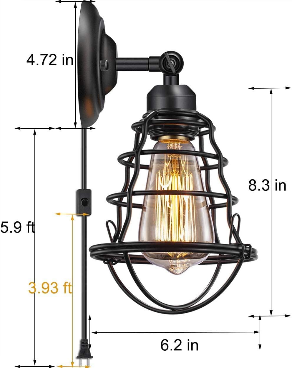 Industrial Plug in Wall Light E26 Base Edison Wire Cage Style Vintage Wall Lights with 5.9Ft Adjustable Plug in Cord Rustic Wall Sconce Fixture for Headboard Bedroom Porch Bathroom 2 Pack - - 