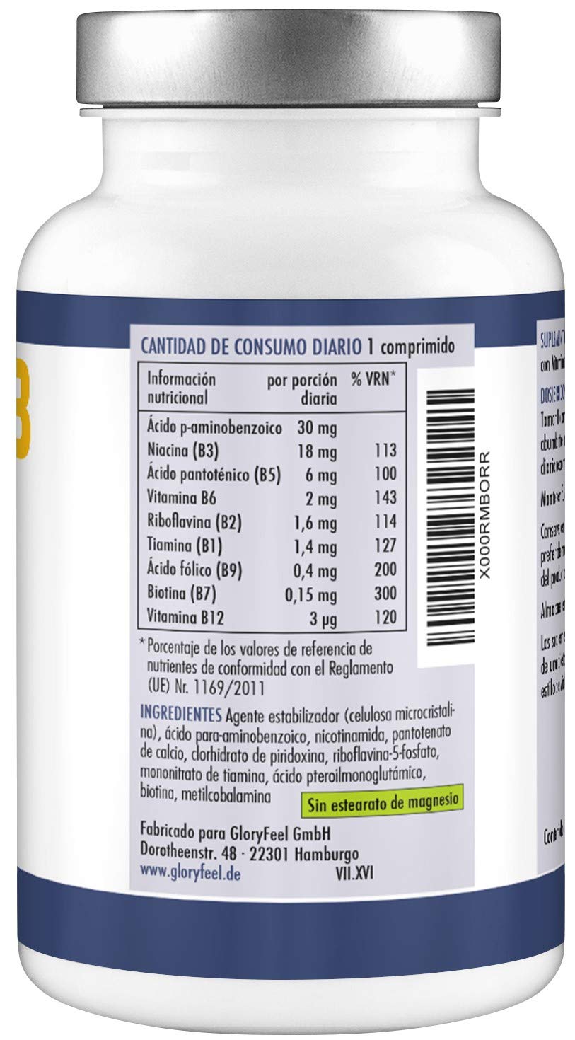 Vitamina B complex de alta dosificación - 200 comprimidos de vitamina b - Complejo Vitamina B las 8 vitaminas en una pastilla - B1 B2 B3 B5 B6 B7 (biotina) B9 (ácido fólico) y B12 de GloryFeel