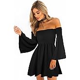 ONEYIM Women's Dress Summer Floral Long Sleeve Off Shoulder Casual Mini Dresses