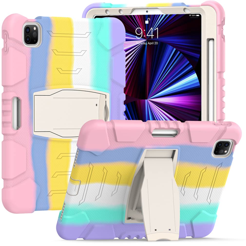 Case for iPad Pro 12.9 Inch 2021/2020/ 2018(5/4/ 3 Generation) with Pencil Holder, Robust Shockproof Protective Case with Concealed Bracket,Dazzling Pink