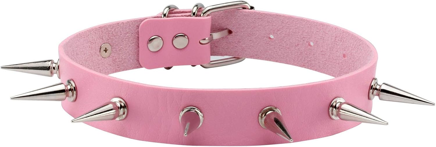 MILAKOO Gothic Rivet Spike Studded Choker Punk Rock Biker Strap Leather Collar Necklace Adjustable, Pink