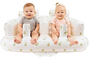 EKEPE Baby Inflatable Seat for Twins Babies 3 Month and Up, Side-by-Side Double Inflatable Floor Chair for Sitting Up with Built in Air Pump, Blow Up Baby Chair for Infants - Twins Bear