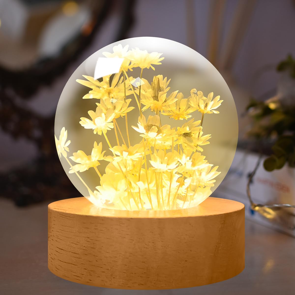 YATOSEEN Crystal Table Lamp with Perpetual Flower, 6cm Mood Night Light with Wooden Base, Desk Decorations Gift for Adults or Kids