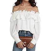 Prettywear Women's Sexy Off Shoulder Tops Long Sleeve Ruffle Blouse Flowy Going Out Shirt Oversized