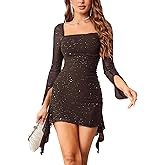 VAFADRESS Womens Sexy Sequin Sparkly Glitter Dress Long Sleeve Square Neck Cocktail Evening Party Mini Dress