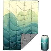Outdoor Puffy Camping Blanket, Lightweight Down Alternative Puffy Printed Camping Large Ultra Warm Hammock Top Quilt Waterproof Blanket for Traveling Picnic Beach Party Cold Weather (Green Mountain)