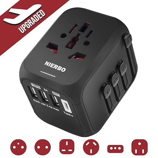 NIERBO Universeller Reiseadapter Reisestecker Stromadapter Auto-rückstellende Sicherung mit 3 USB und 1 Typ-C für 200+ Länder