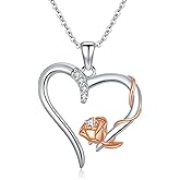 UXQ 14k White Gold Heart Necklace for Women, White Solid Gold Rose Flower Necklace Love Heart Pendant Jewelry Anniversary Birthday Christmas Day Gifts for Her Girlfriend Wife Mom
