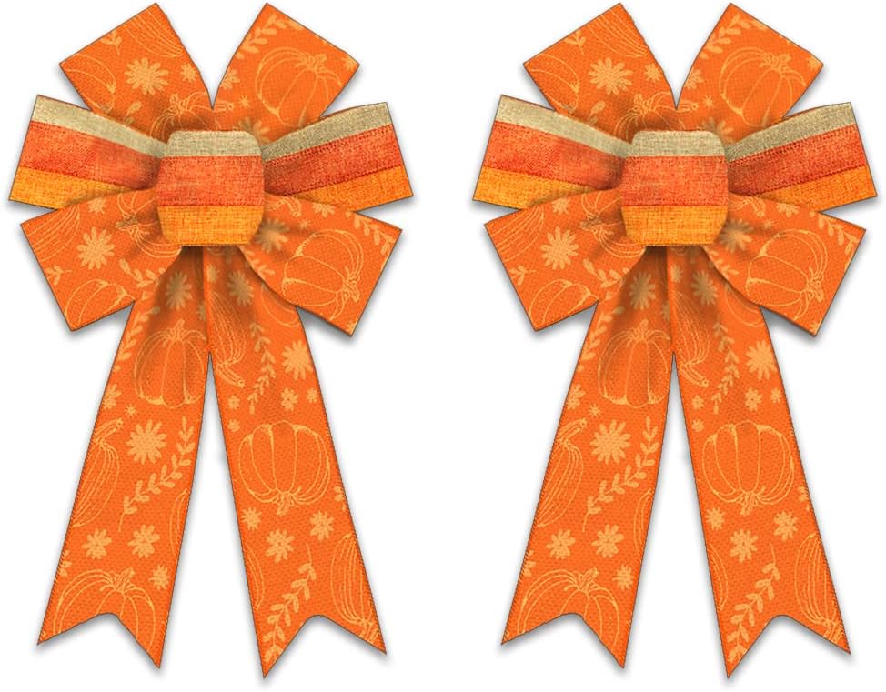 Bows & Ribbons - 2PCS Fall Wreath Bows, Autumn Harvest Orange Bows for Wreath Farmhouse Bows for Front Door Thanksgiving Wall Ornaments Pumpkin Leaves Tree Topper Bows for Thanksgiving Home Indoor Outdoor Decor