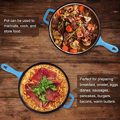 Enameled 2-In-1 Cast Iron Multi-Cooker - Heavy Duty 3.2 Quart Skillet and Lid Set, Versatile Healthy Design, Non-Stick Kitchen Cookware, Use As Dutch Oven Frying Pan (Blue)
