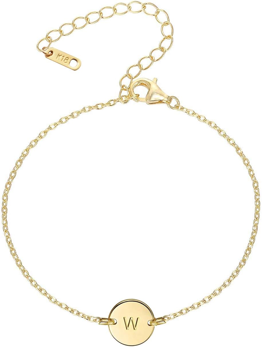 18K Gold Plated Stainless Steel Initial Bracelet Personalized Letter Charm Bracelet Small Dainty Disc Monogram Name Bracelet for Women