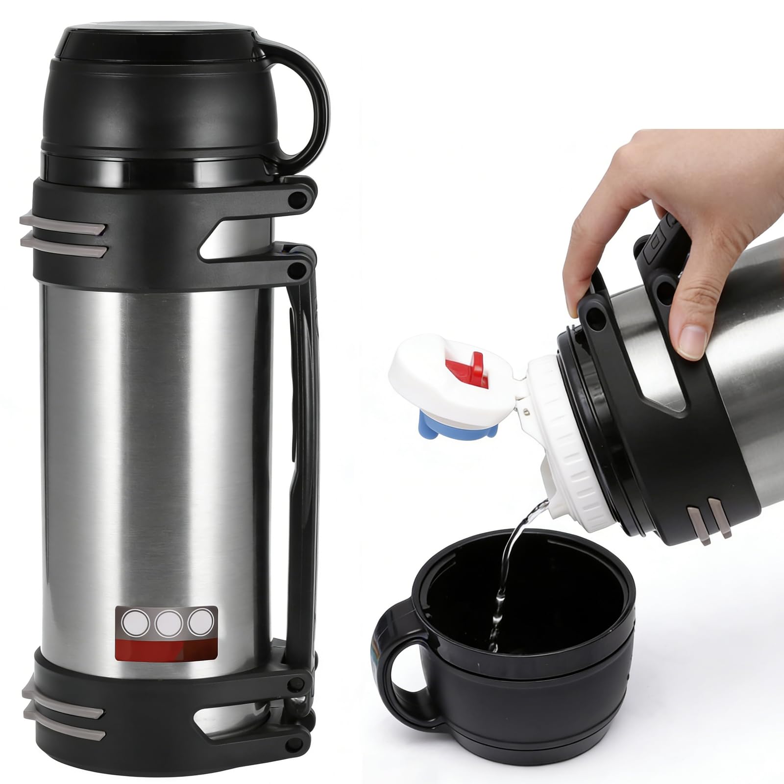 Flask for Hot Drink, 2.5L Stainless Steel Vacuum Flasks for Hot and Cold Drinks, Camping Insulated Flask with Cup and Handle, Large Double Flask Metal Flask for Camping, Hiking and Cycling