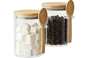 Glass Sugar Container with Spoon - 2 Pack 15oz Glass Jars with Bamboo Lid and Spoon, Bamboo Lid Storage Jar Containers for Co