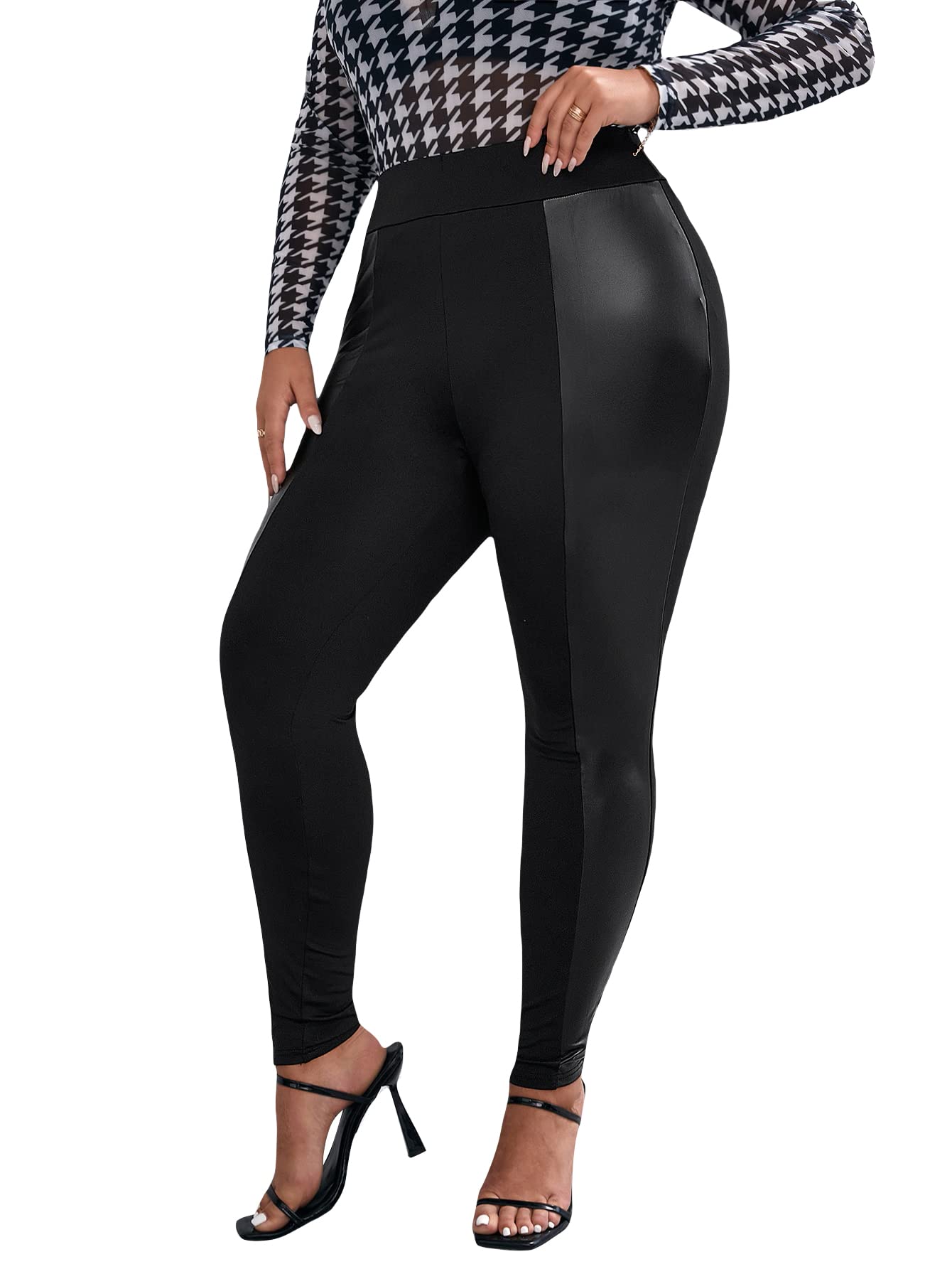 WDIRARA Women's Plus Size High Waist PU Leather Leggings Stretch Skinny