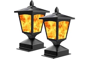 BLUEYANG Solar Post Flame Light, Outdoor Deck Fence Post Cap Top LED Light wih Flickering Flame, Waterproof, 4x4 5x5 6x6, Outdoor Garden Firefly String Lights, 30 Leds, (Pack of 2)