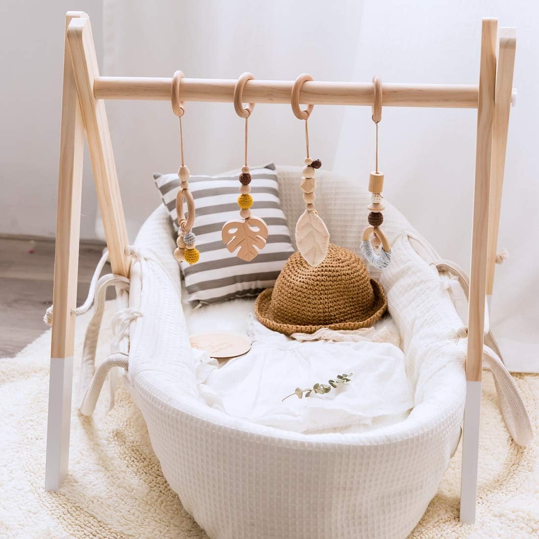 Mamimami Home 4pc Wooden Ring Baby Teether Activity Nursing Game Gym Rattle Pendant Toy Organic Non-Toxic Environmental Sense Sensory Toys Newborn Gift + White Play Gym